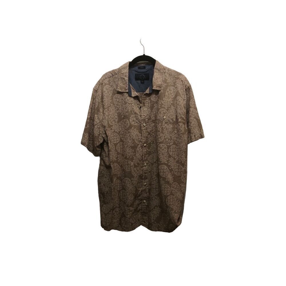 Even Tide Extra Large (XL) Linen Blend Tan Pineapple Short Sleeve Button